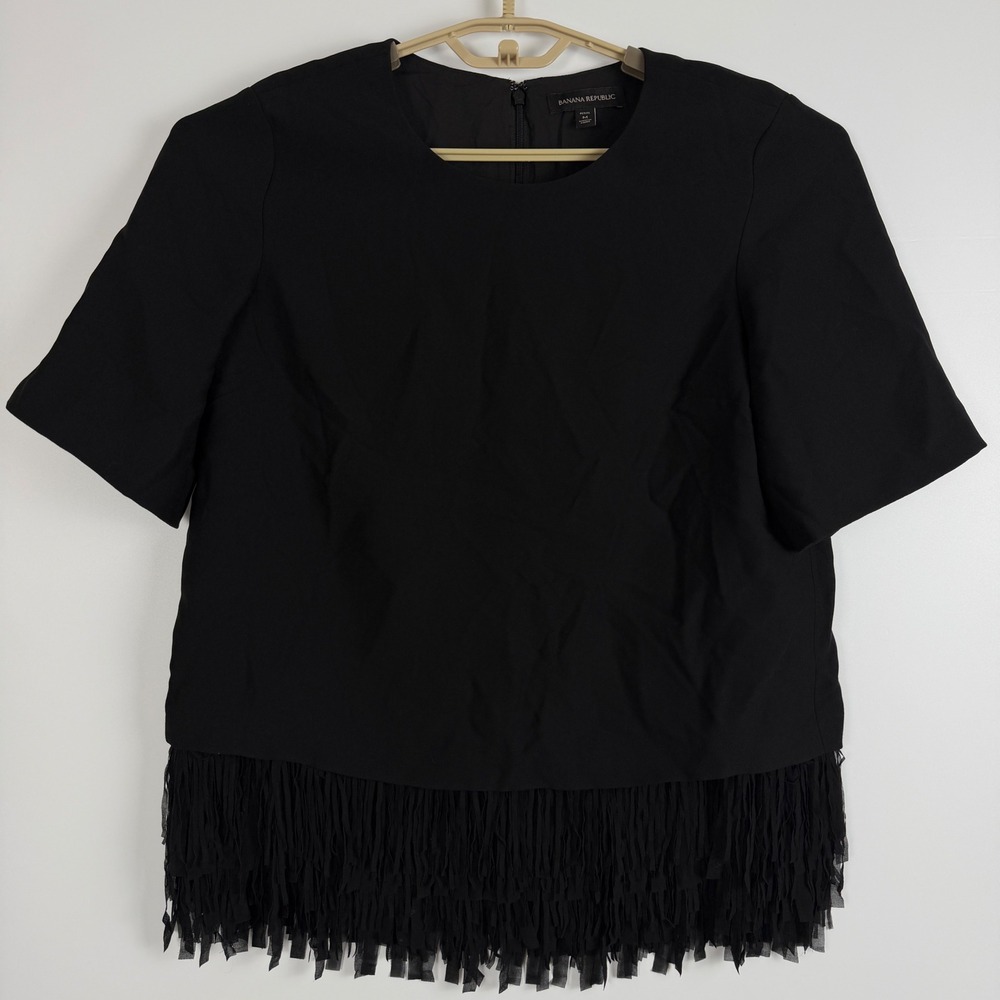 Banana Republic Black Fringe Hem Short Sleeve Blouse Top Zipper Back Petite Med